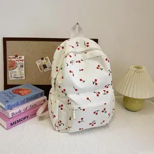 Women's Compact Multi-Compartment Backpacks for School - Cute, Versatile, Minimalist Casual Bag for College, Outdoor Leisure (No Black with Cherry Charm; Excludes Sports & Outdoor Recreation Equipment)