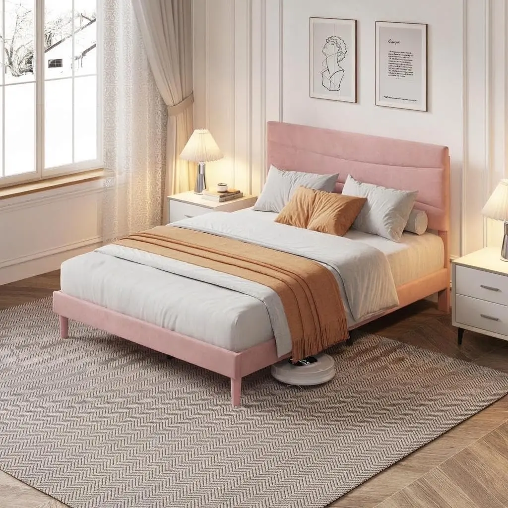 Hosslly Beige & Blush Pink Metal Bed Frame with Storage Headboard, 2 Storage Drawers & Cookie Design, Twin/Full/Queen Size, No Box Spring, Modern Bedroom Furniture, Apartment Bed Frame