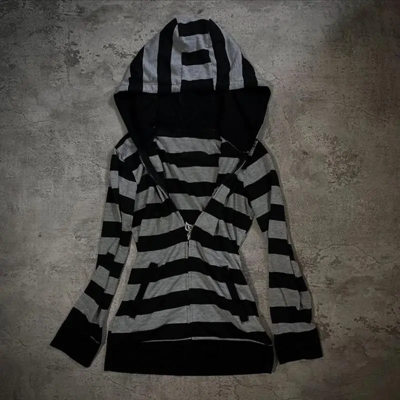 American Retro Vintage Boutique Sweet Strip Print Hooded Sweater Jacket Top Women High Street Subculture Hoodies Cool Y2K Gray