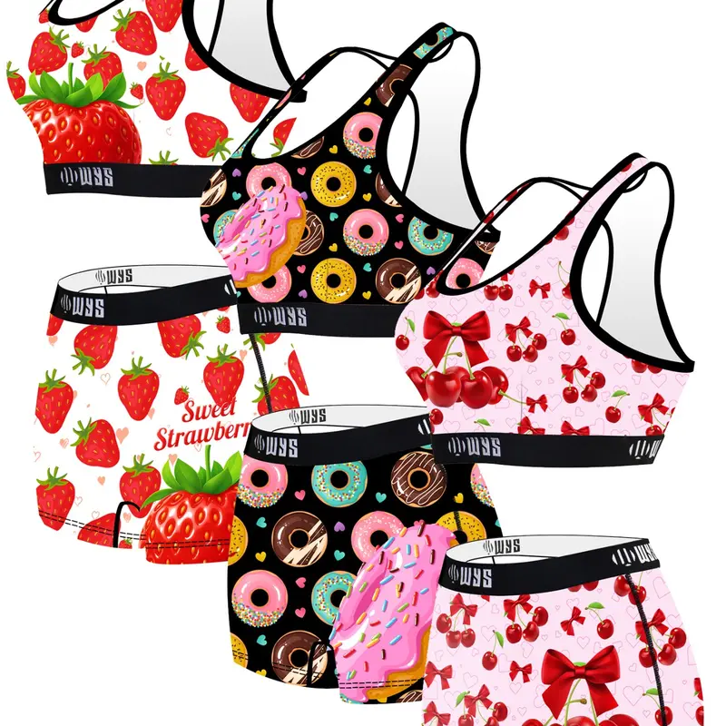 Women's Sport Bra Set, Casual Lined Wireless Bras, Cherry Strawberry Donut Print, Comfortable Stretchy Underwear, All Seasons