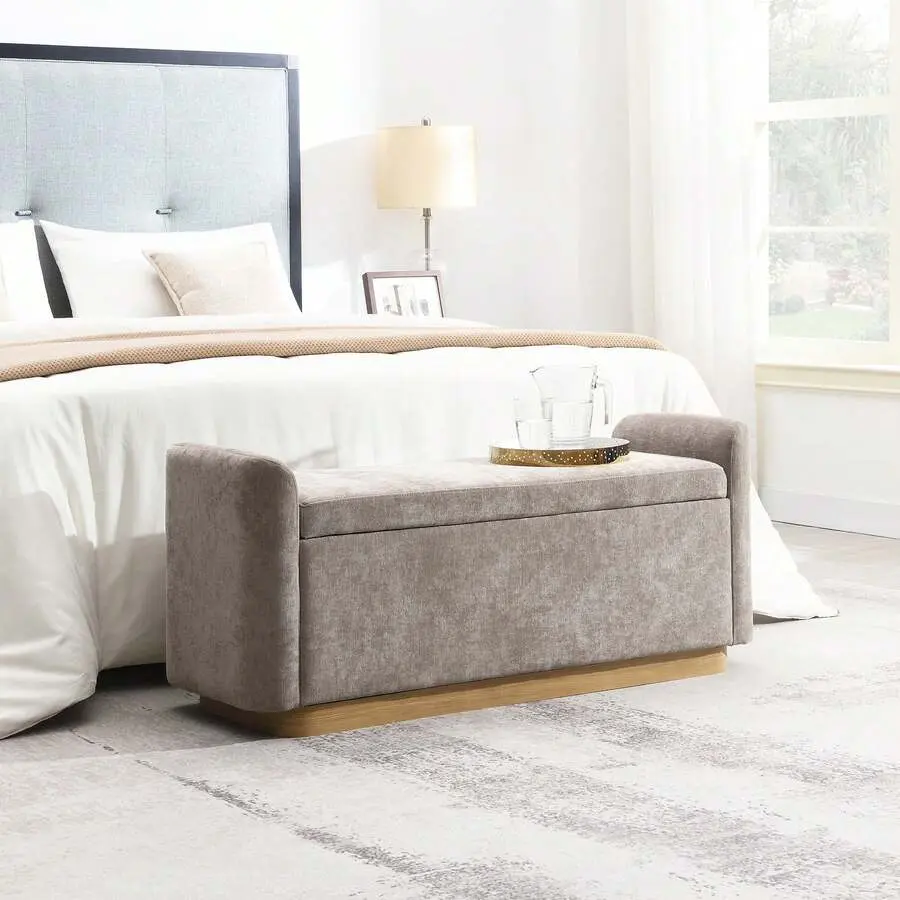 49" Bench With Storage, Storage Ottoman Bench With Safety Hinge, Gold Metal Base With Wood Frame, Upholstered Entryway Bench Bedroom, Living Room, Hold Up To 350 Lb, Brown/Beige