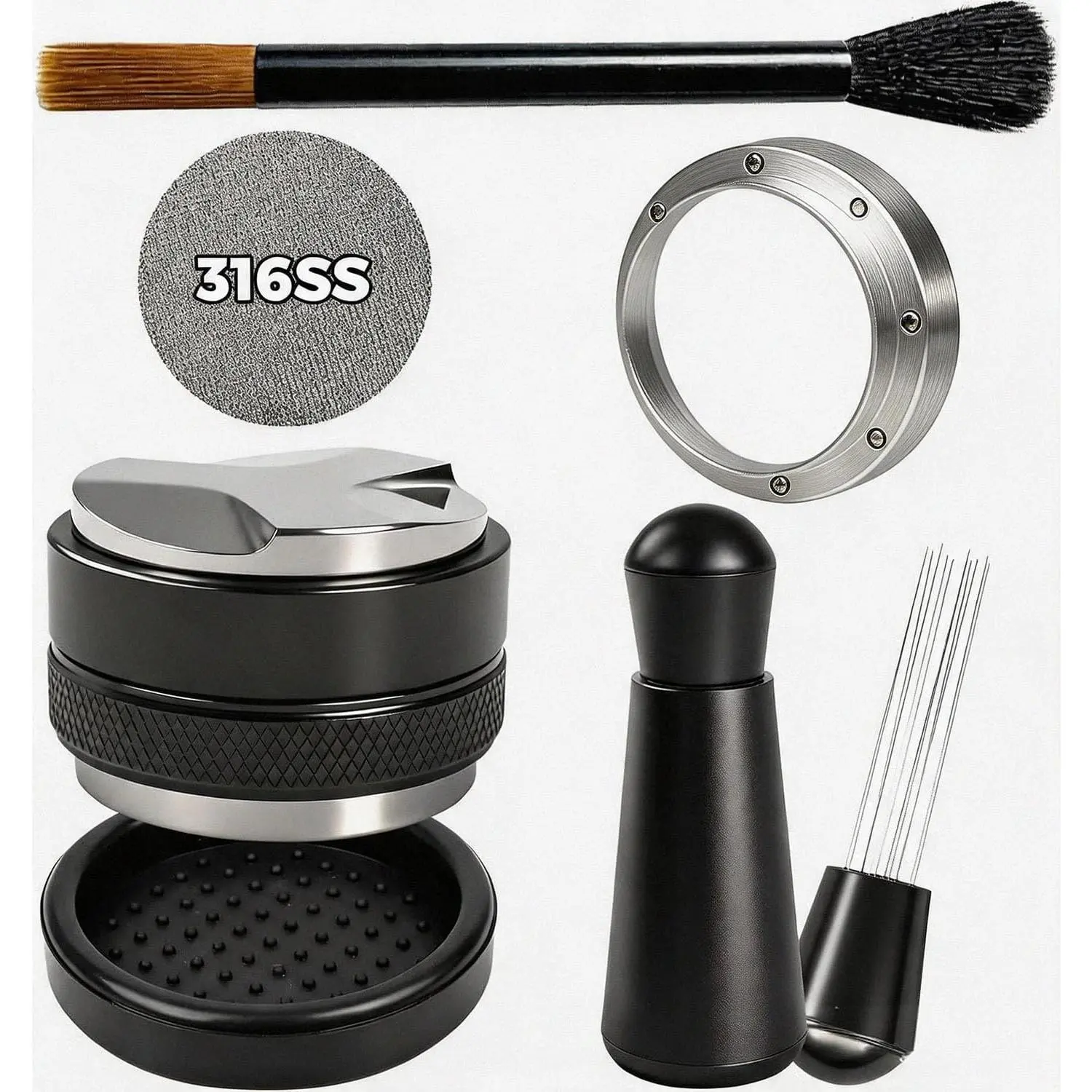 51mm Espresso Accessories Kit, Coffee Distributor & Tamper Leveler with Mat, WDT Tool, Dosing Funnel, Puck Screen & Cleaning Brush, Barista Tools for 51mm Portafilter Espresso Machines