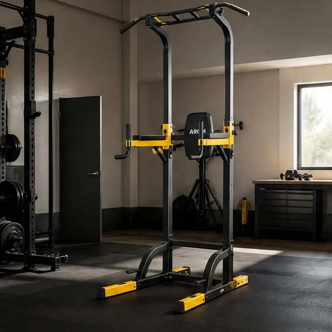 Heavy-Duty Powder-Coated Steel Power Tower, 10-Level Adjustable Pull Up Dip Station with Backrest & Rubber Grips for Home Gym Full Body Workout, 440 lbs Capacity, Abs, Unisex