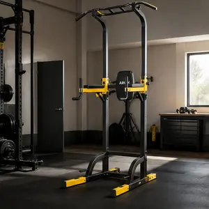 Heavy-Duty Steel Power Tower with Backrest, 10-Level Adjustable Pull Up Dip Station with Rubber Grips, 440 lbs Capacity for Home Gym, Apartments & Calisthenics, Yellow/Black