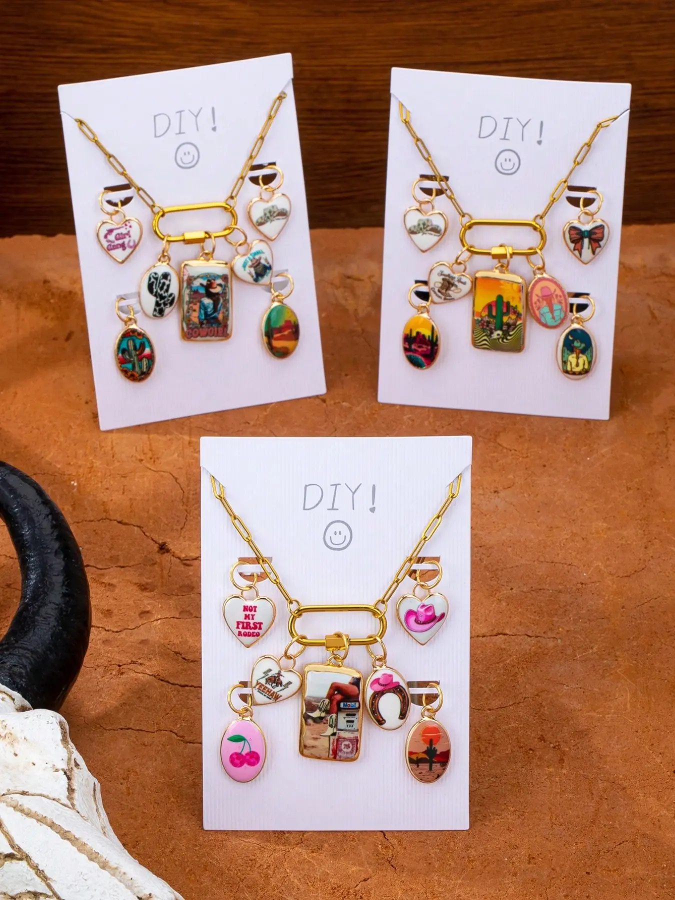 Vintage Southwest Cowboy Charm Necklace, Detachable Cactus Pendant DIY Kit, Rural Western Y2K Style Jewelry, Cartoon Pattern, Casual Style, Dangling Charms Necklace
