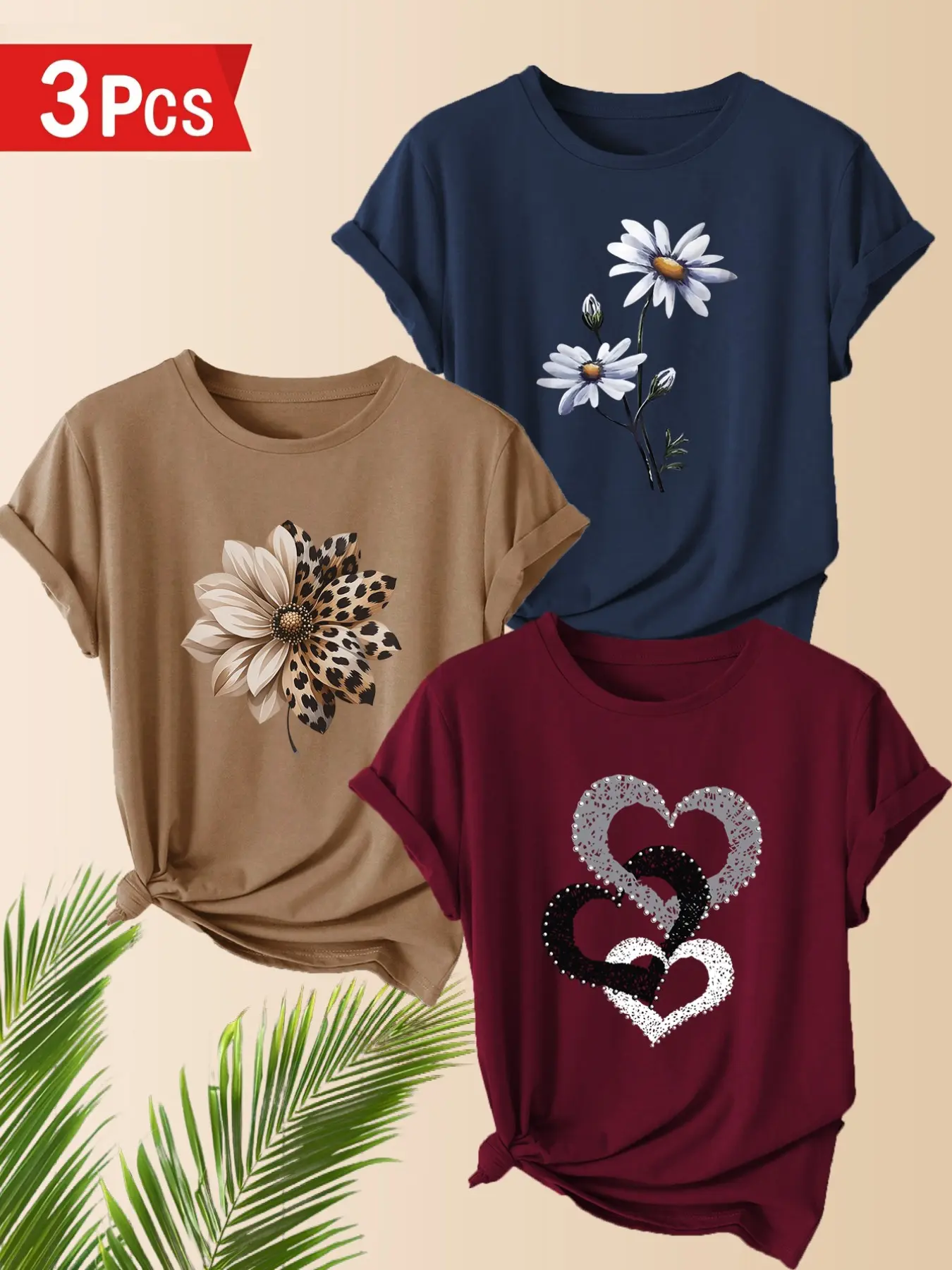 3-Pack Women's Casual T-Shirts, Tops, Leopard Floral Flower and Heart Print, Polyester, Round Neck Short Sleeve, Spring Summer Comfort