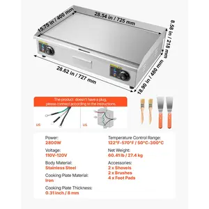 VEVOR Commercial Electric Griddle, 28.54x 15.75 in, 2800W, 122-570F Adjustable Temp Control, Stainless Steel Countertop Flat Top Grill with 2 Spatulas, 2 Brushes, and 4 Foot Pads, for Steak