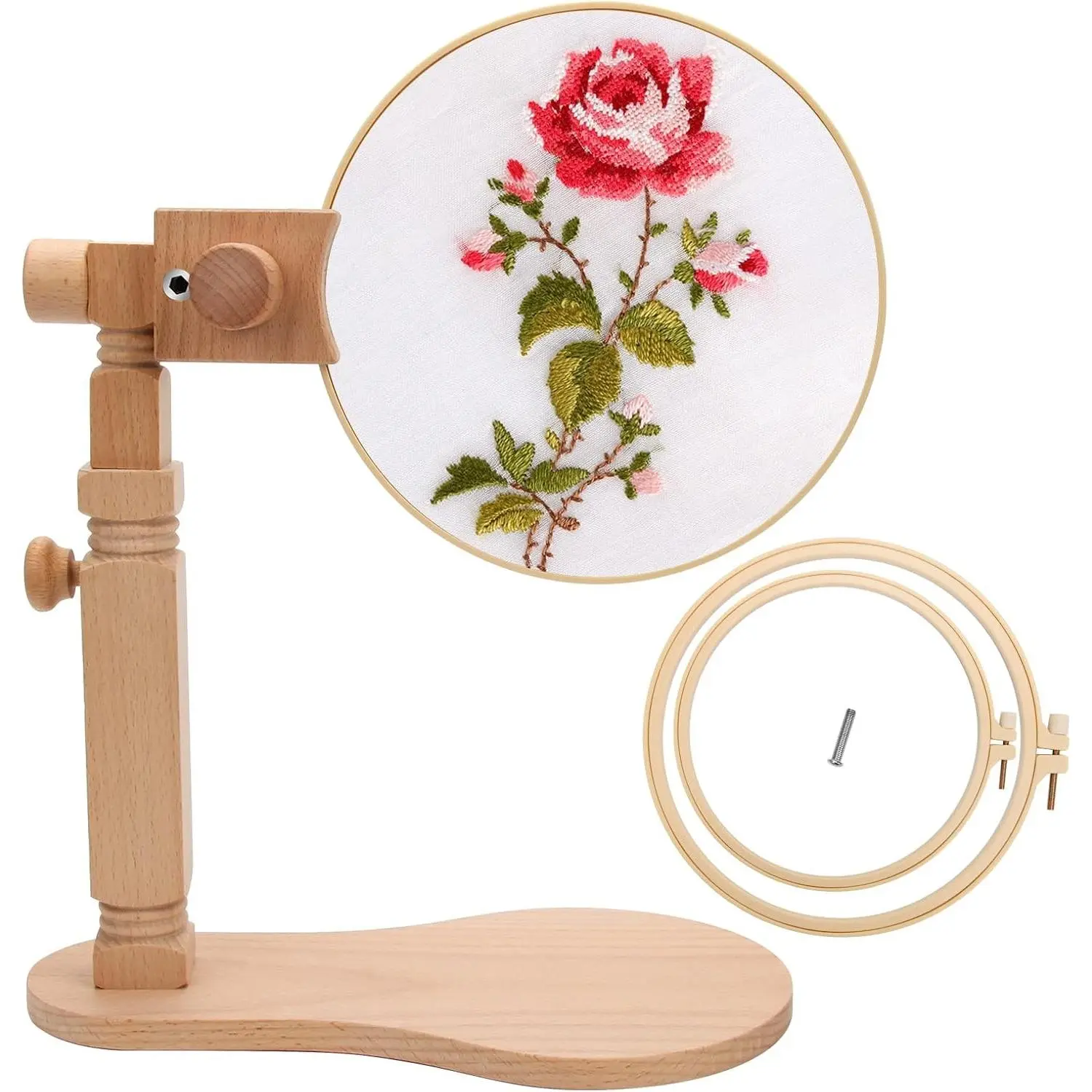 Embroidery Hoop Stand, Cross Stitch Holder with 2 PCS 7'' 5'' Frames | Adjustable Rotated Wooden Embroidery Hoop Holder for Lap, Hands Free Tabletop Embroidery Stand for Arts Crafts Sewing Project