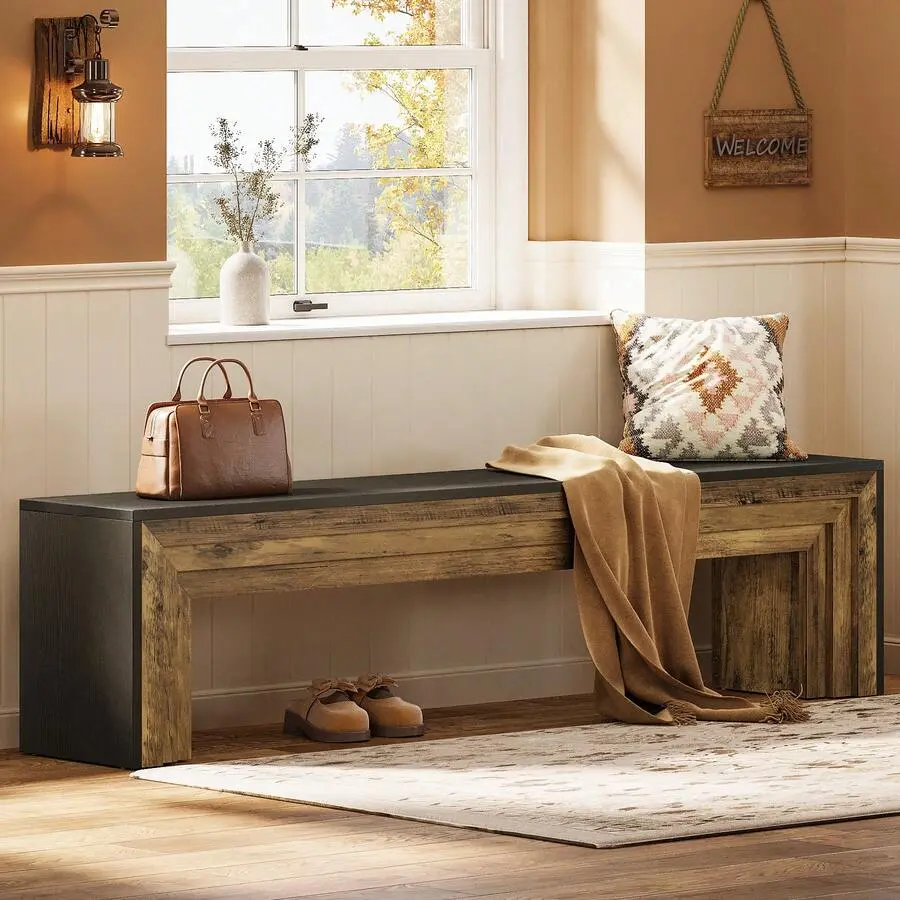 71" Farmhouse Entryway Bench, Modern Extra Long Shoe Bench Wooden Indoor Seating With Layered Design Hallway, End Of Bed, Living Room, Sofa Back, Dining Room, Black & Brown