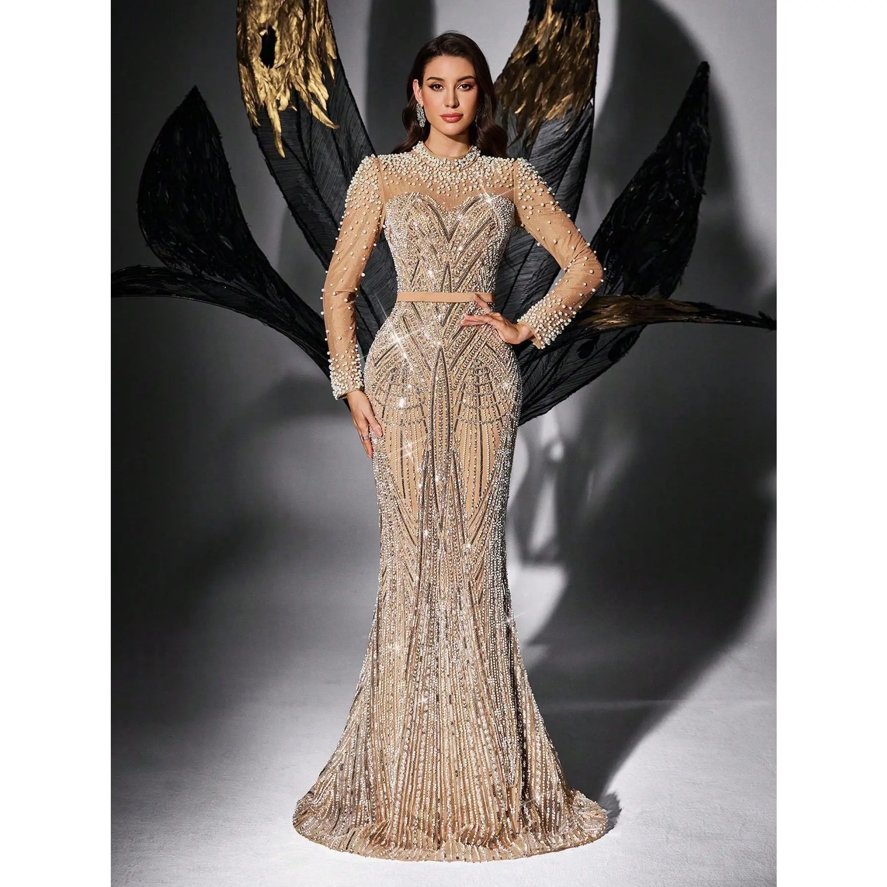 High Neck Pearl Inlaid Full Rhinestone Long Sleeve Mermaid Gown, Slim Fit Floor Mesh Formal Dress For Red Carpet Award Ceremonies
