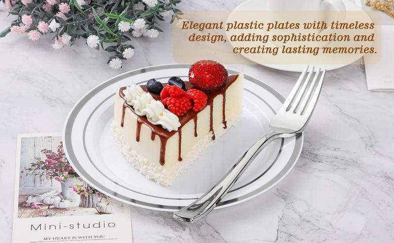 BESTVIP 100PCS 7" Silver Plastic Dessert Plates – Heavy Duty Disposable Plates with Elegant Silver Rim, Perfect for Cakes, Desserts & Salads, Ideal for Weddings, Parties, Birthdays, Christmas & Thanksgiving