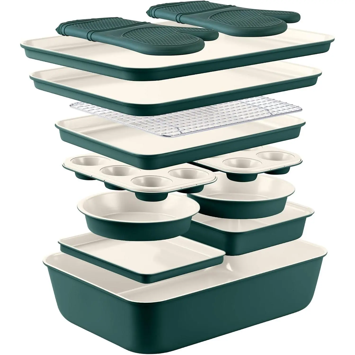 Country Kitchen Nonstick Stackable Bakeware Set - Deluxe Heavy Duty, Durable, Easy Release Baking Set, Sage, 13 Pcs