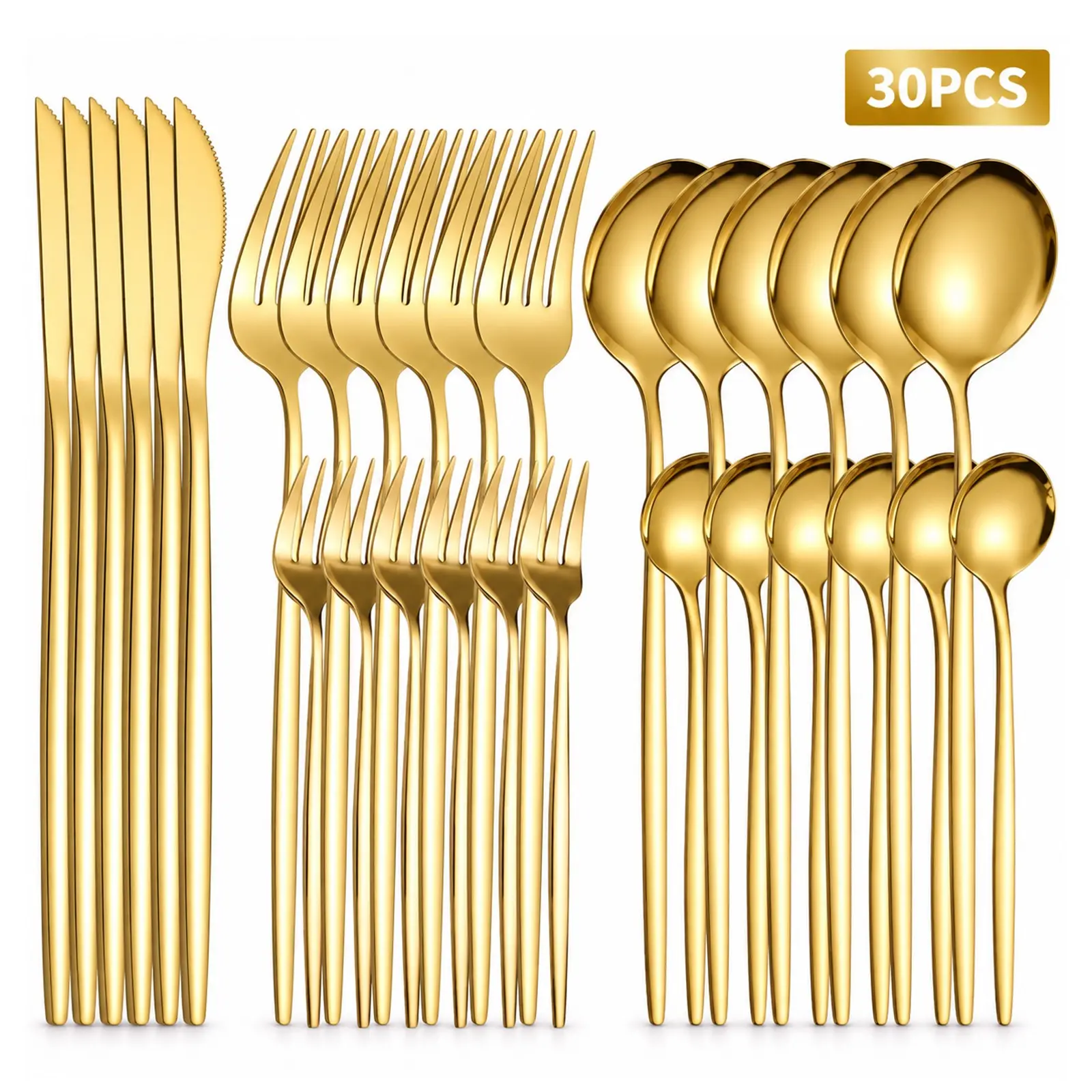 Stainless steel, 30-piece gold set, including knives, forks, spoons, dessert forks, and teaspoons, dishwasher-safe cutlery set, suitable for home, restaurant, and hotel