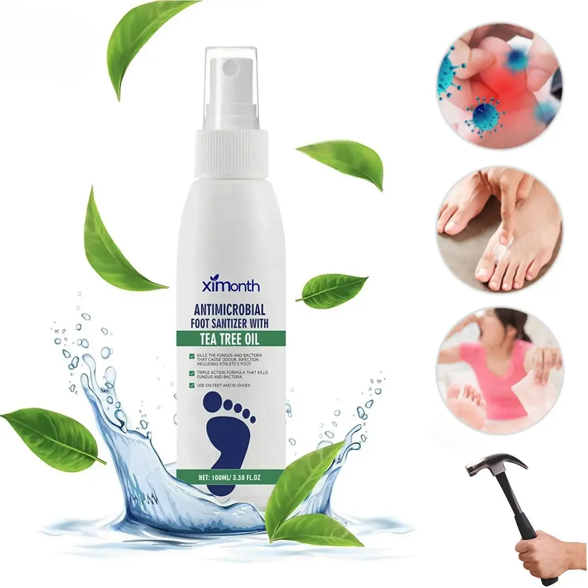 Ximonth Foot Care Solution: Moisturizes, hydrates, and deodorizes dry heels. Tea Tree long-lasting antibacterial footsantizerspray, Moisturizing, Tea Tree Oil