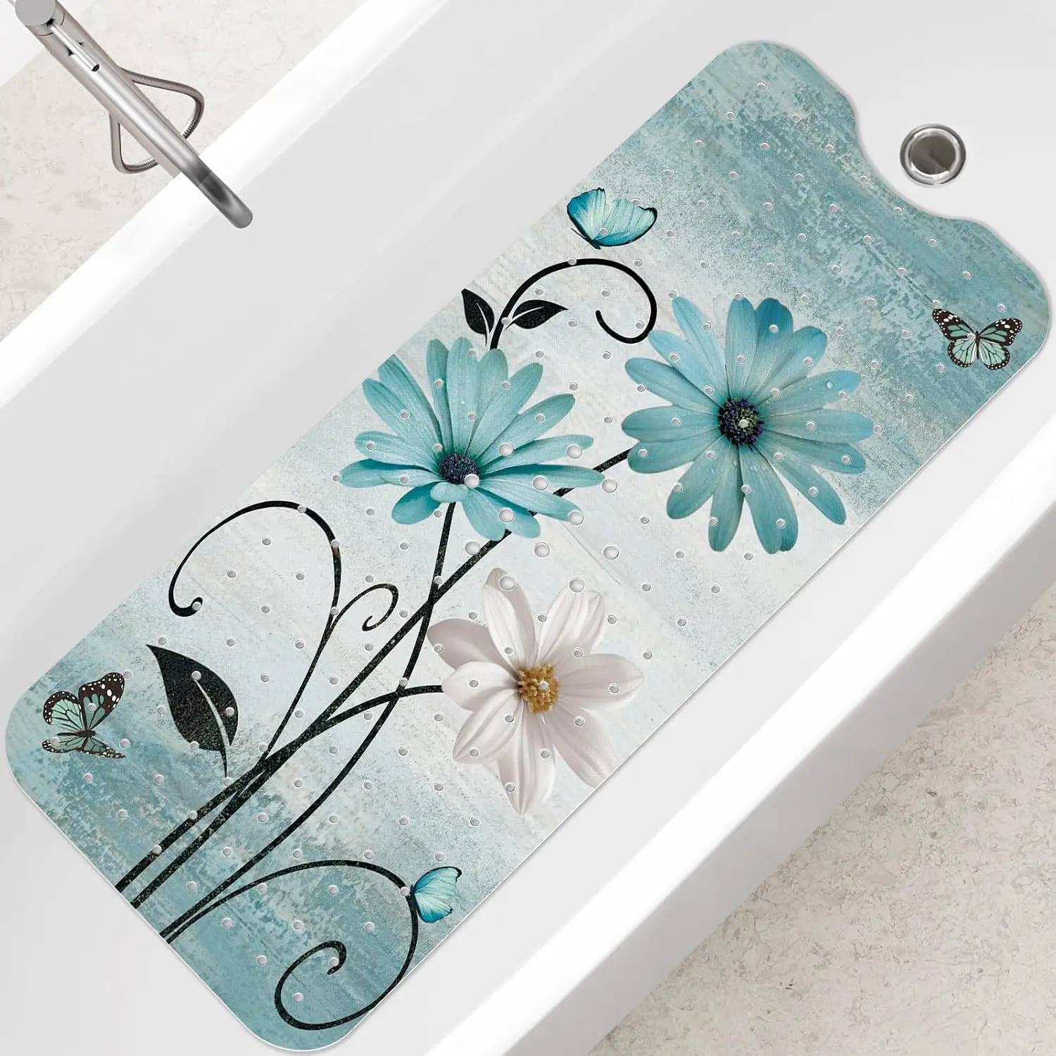 Turquoise Bath Mat for Tub Non Slip-40x16 Inch, Flower | Bathtub Mat for & Women Mold Free, Long Shower Mat for Inside Shower with Suction Cup, Machine Washable