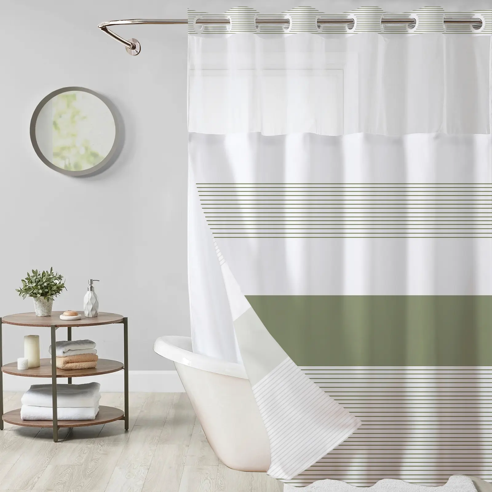 No Hook Shower Curtain Set with Snap-In Waterproof Liner, Double Layer Boho Striped Fabric Bath Curtain with Sheer Mesh Window, Easy Install Modern Bathroom Decor, 72x75 Inch