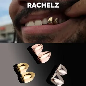 RACHELZ Hip Hop Double Glossy Teeth Grillz Gold Silver Color Tooth Caps Fangs Dental Grills For Women Men Jewelry Cosplay
