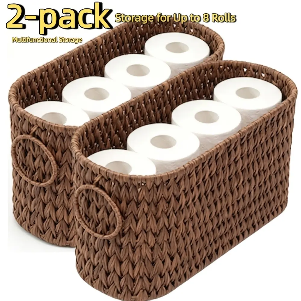 2-Pack Toilet Paper Storage Basket With Handles, Rattan Bathroom Organizer Bins For Up To 8 Rolls, Woven Tissue Holder Storage, Rectangular Bathroom Storage Basket Set For Bathroom Decor, Coastal & Home Organization, Toilet Paper Storage Containers