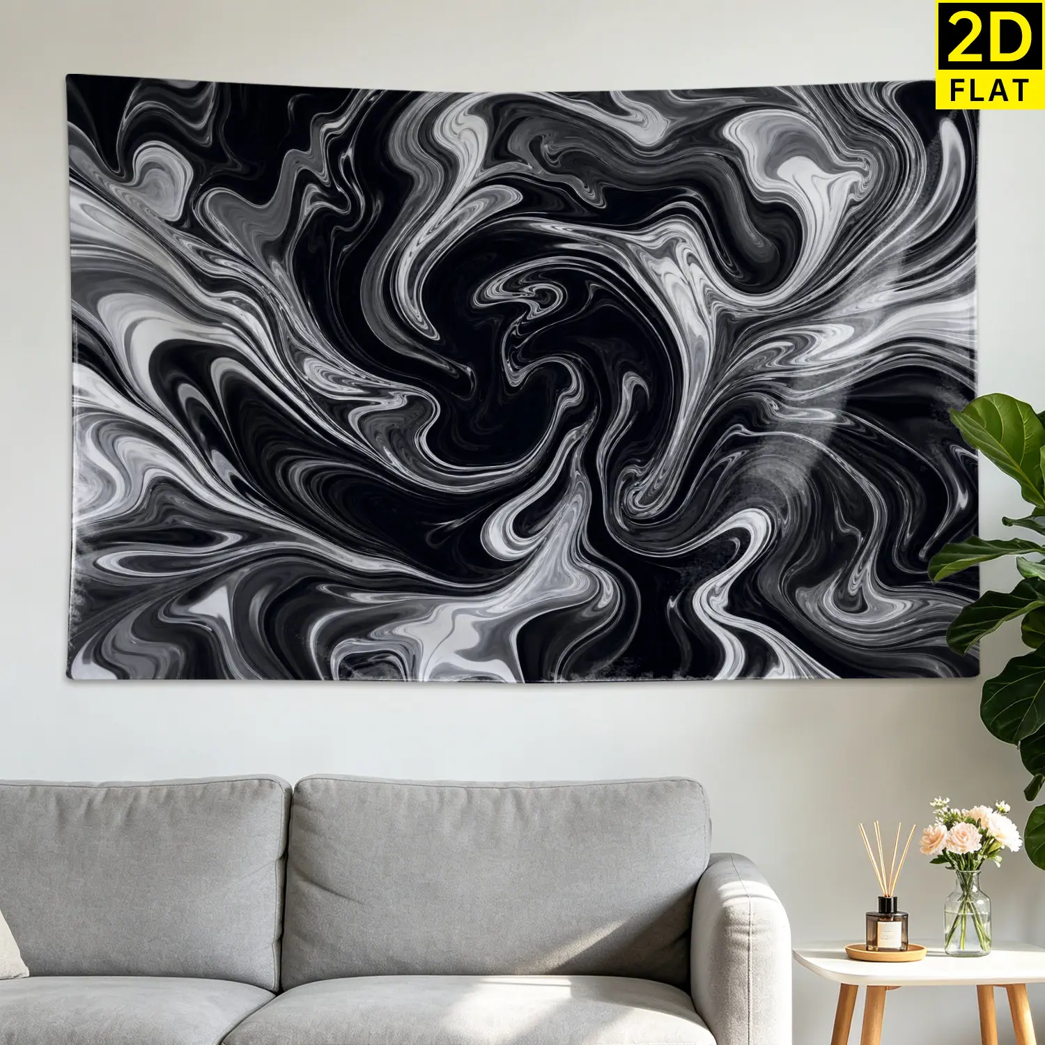 Black and White Abstract Marble Swirl Wall Tapestry - Large Printed Horizontal Polyester Artwork, No-Installation Wall Decor for Living Room, Room Decoration, Gift Idea for Family