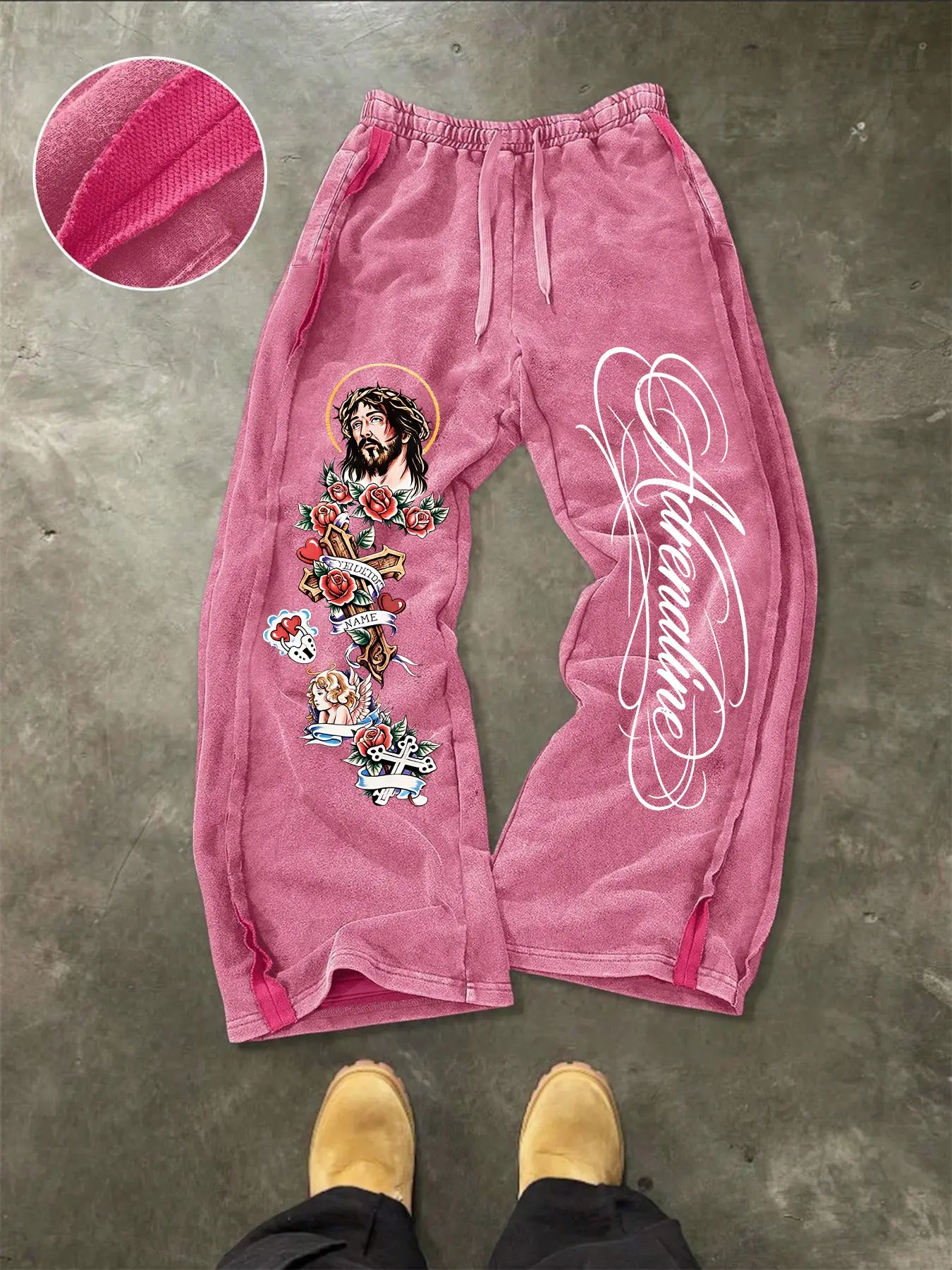 Men's Casual Graphic Long Pants, Left Leg Full Color Tattoo Design, Right Leg Minimalist Script, Cotton Fabric, Retro Street Style