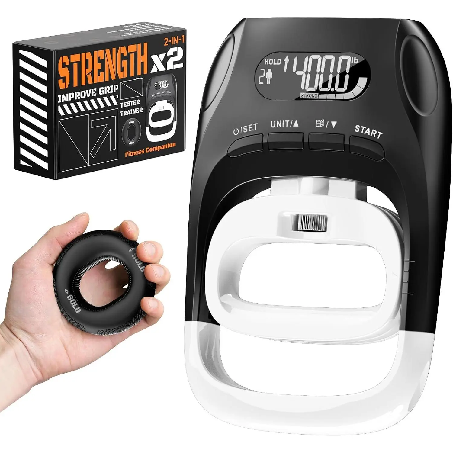 Grip Strength Tester & Trainer 2-in-1 Combo Set-Digital Hand Dynamometer with LCD Display, Max 400lb/180kg Capacity, Resistance Ring with  Design for , Gym,  & Rehab