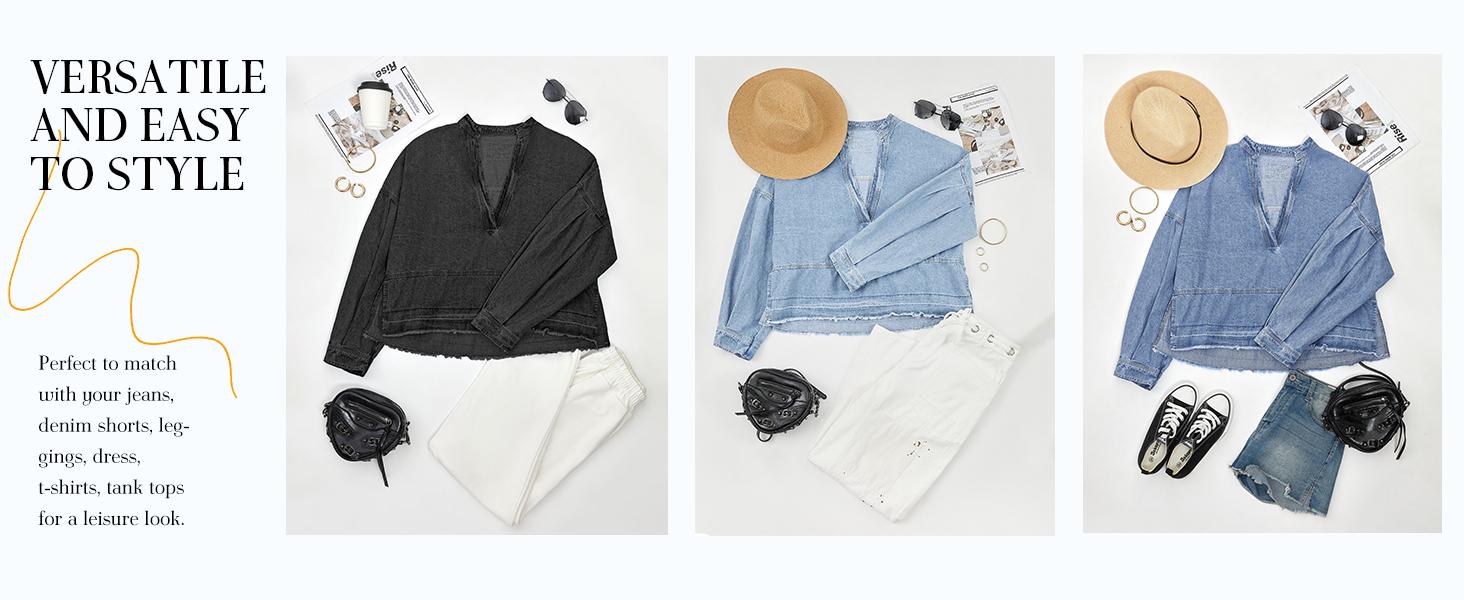 FMEYOA Womens Denim Tops Pullover Trendy Casual V Neck Loose Fit Puff Sleeve Jean Cotton Shirts FMEYOA Womens Denim Tops Pullover Trendy Casual V Neck Loose Fit Puff Sleeve Jean Cotton Shirts