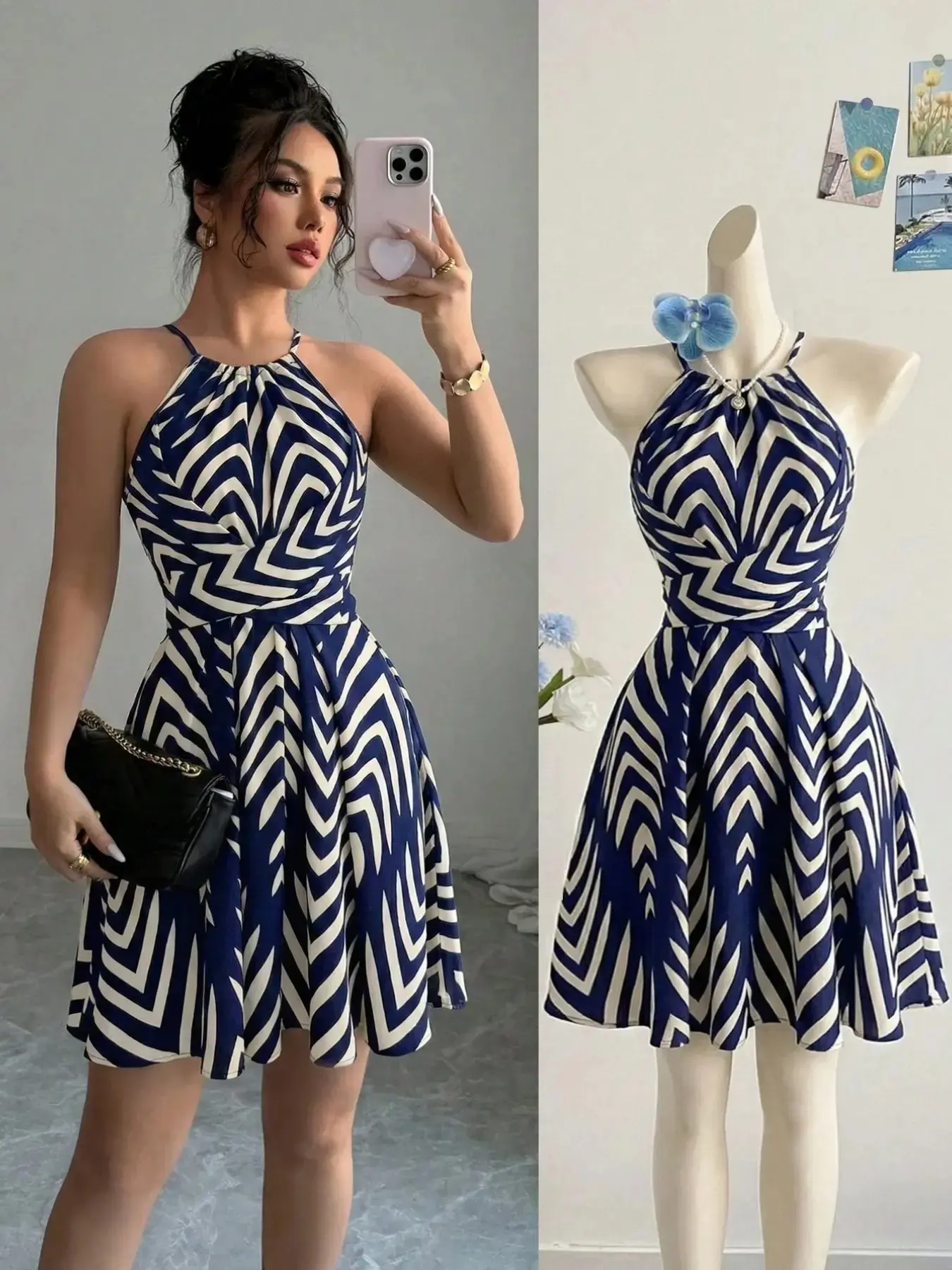 Arrow Print Tie Waist Flared Short Dress for Women, Elegant Chic Design, Perfect for Valentine's Day, Easter, Labor Day, Birthday, Dates, Parties, Travel, Spring Summer