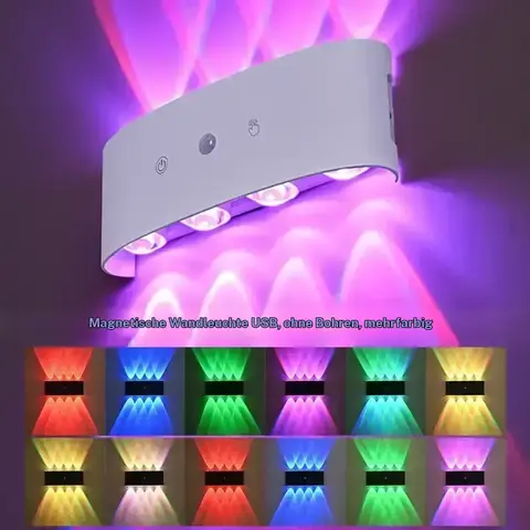 Aluminum 8-Head RGB Motion Sensor Wall Light - Wireless Rechargeable, Magnetic Mount, Adjustable Brightness, Hole-Free Installation, 22x9x5 cm, Auto-Cycling Mode, Approach-On, Indoor Aisle/Bedroom Light