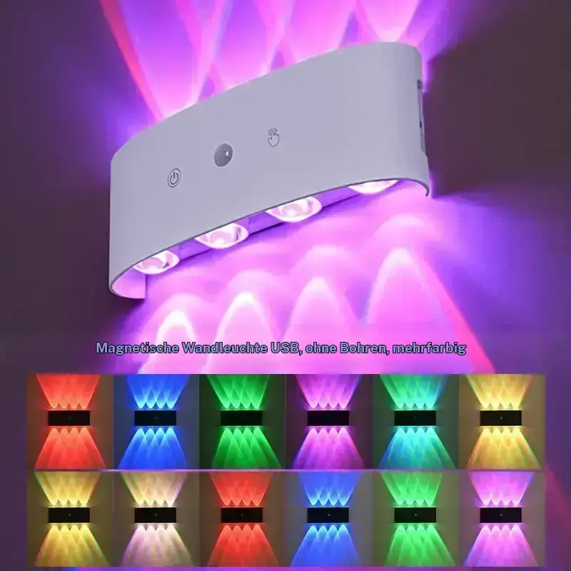 Aluminum 8-Head RGB Motion Sensor Wall Light - Wireless Rechargeable, Magnetic Mount, Adjustable Brightness, Hole-Free Installation, 22x9x5 cm, Auto-Cycling Mode, Approach-On, Indoor Aisle/Bedroom Light