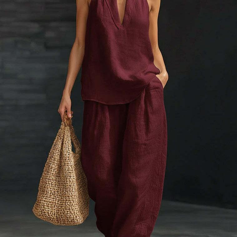 Boho Halter Neck Two Piece Set - Perfect for Beach, Vacation & Brunch! Sleeveless Top Wide Leg Pants Set #TwoPieceSet #HalterNeck #WideLegPants #Sleeveless #SummerOutfit #BohoFashion #OOTD #WomensFashion #CasualSet