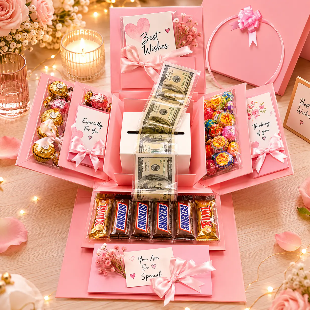 5-Layer Explosion Gift Box Include Money Box, 10''x10''x7'' Creative Gift Boxes for Presents, DIY Surprise Gift Box Explosion for Girls Boys Birthday Valentine's Day Mother's Day Anniversaries (Pink/Black/Red/Glitter/GreenRed)