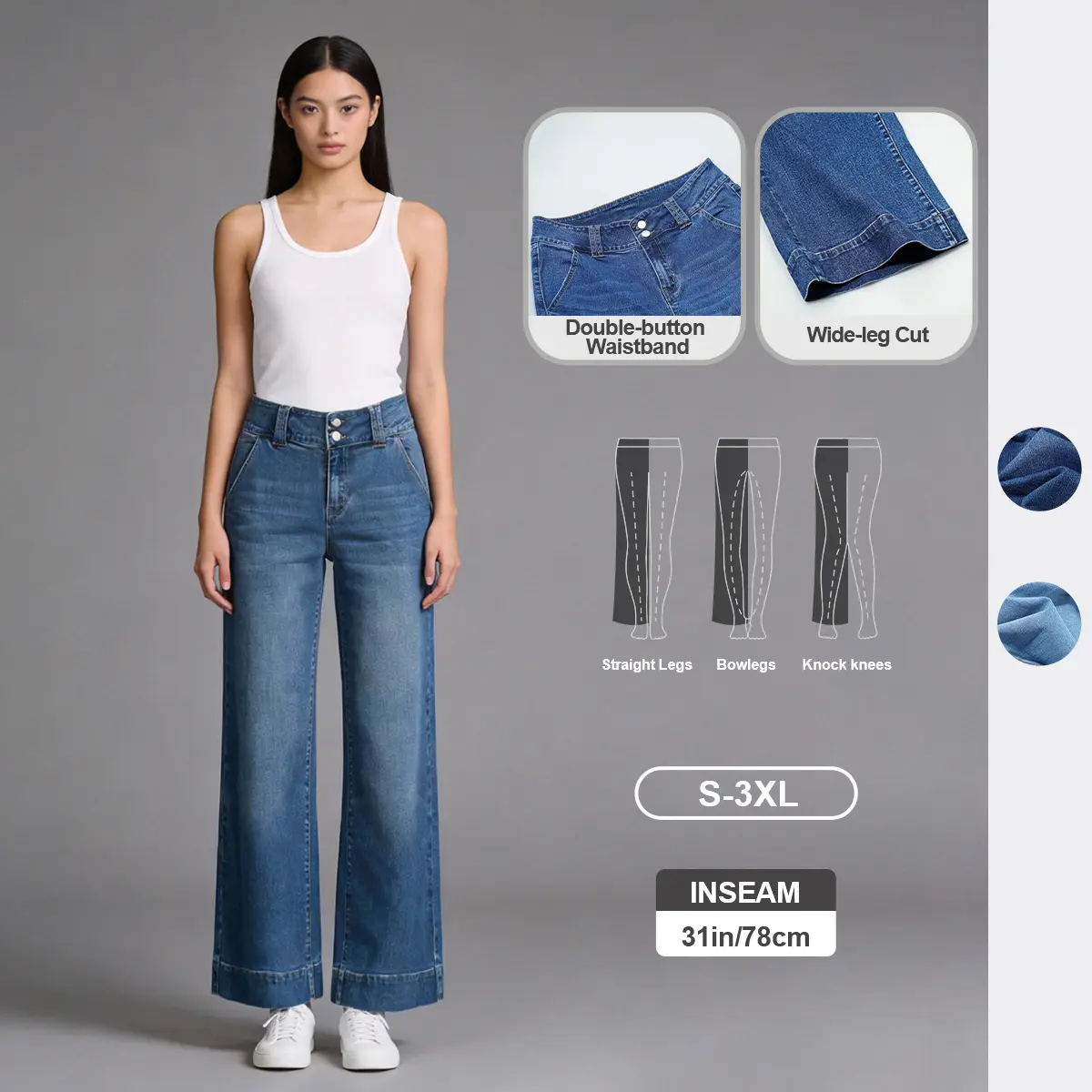 Pwest NYC High Rise Double Button Wide Leg Jeans– Soft Stretch, Flattering Fit & Comfy Wear