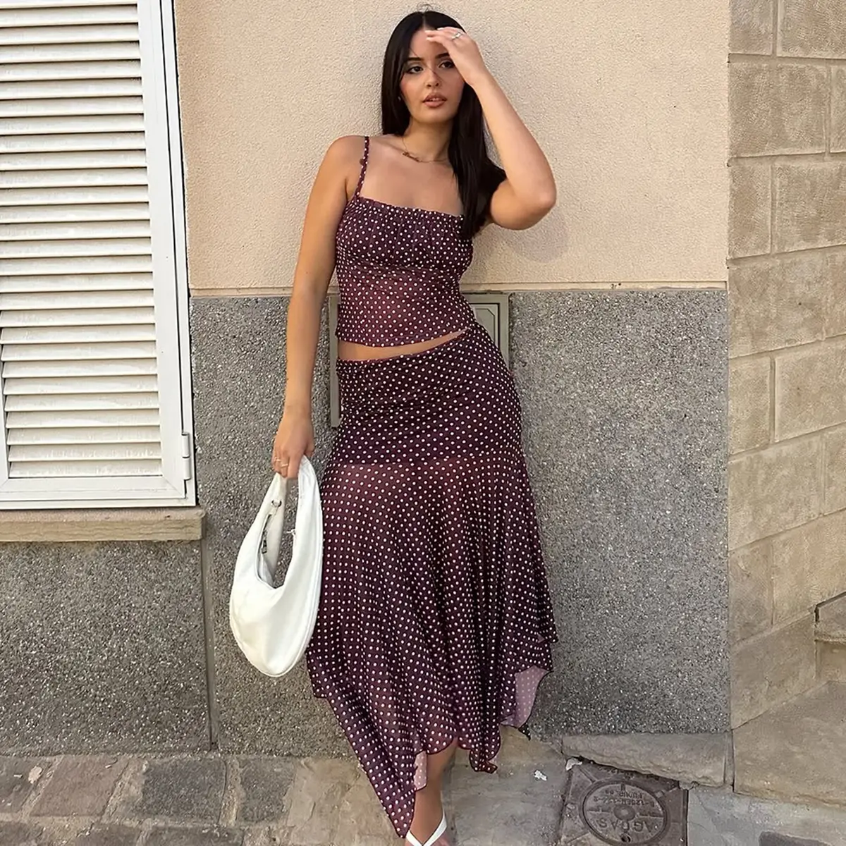 Women's 2026 Summer New Polka Dot Spaghetti Strap Ruched Bust Crop Top & Asymmetric High Waist Midi Flared Skirt Two Piece Set Slim Fit Elegant Streetwear Outfit Skirt Co Ord Set