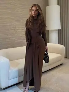 LikeMyChoice Asymmetric Design Pleated Long Sleeve Maxi Dress Elegant Asymmetrical