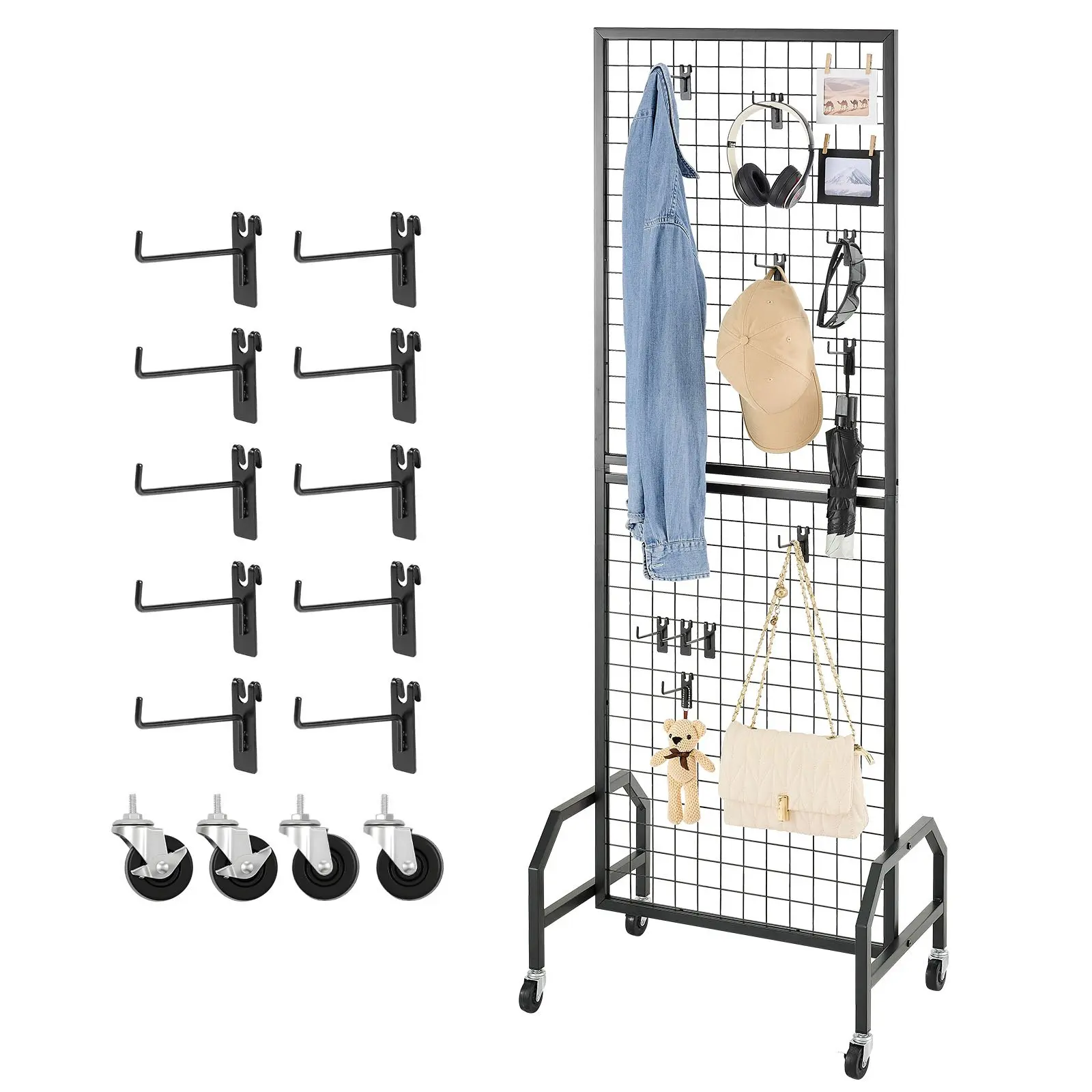 Grid Wall Panel, 1.9 x 5.4 ft Wire Grid Panels Display Rack, Movable Art Display Shelf with Wheels and 10 Hooks, Black Carbon Steel Gridwall for Craft Show, Decoration, Storage, Notice Board
