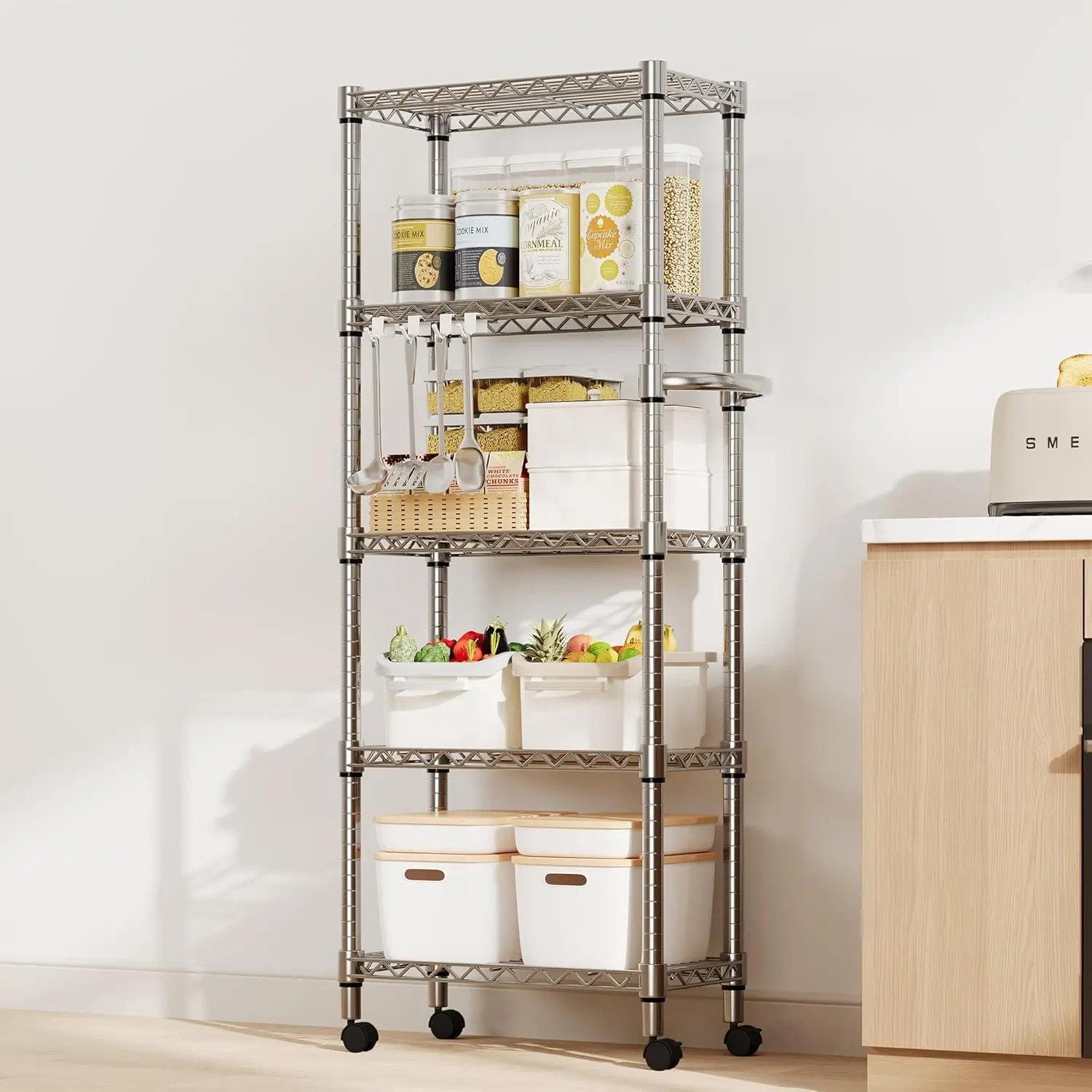 5-Tier Adjustable Steel Wire Storage Rack with Side Handles, Casters, Shelf & Tool Organiser - 500KG Total Load, 100KG Per Tier, 30×60×155cm for Garage, Warehouse Hanging Storage Solutions