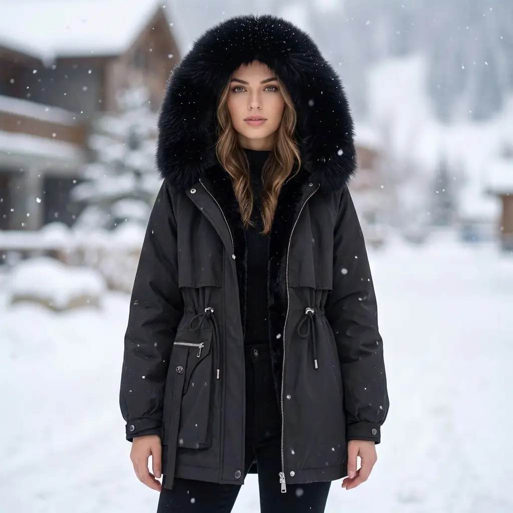 Women's Winter Faux Fur Hood Parka Coat, Fleece Lined Drawstring Waist Warm Thicken Winter Jacket Multi‑Pocket Outdoor Snow Coat