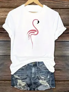 1Pc White Flamingo Print T-Shirt |   Pink Flamingo And Black Spots, Short Sleeve, Round Neck, Relaxed Fit, Breathable Soft Fabric, Casual Beach Party Outfit, All-Season Versatile Casual Attire, Machine Washable, Elegant Tropical Style, Lightweight