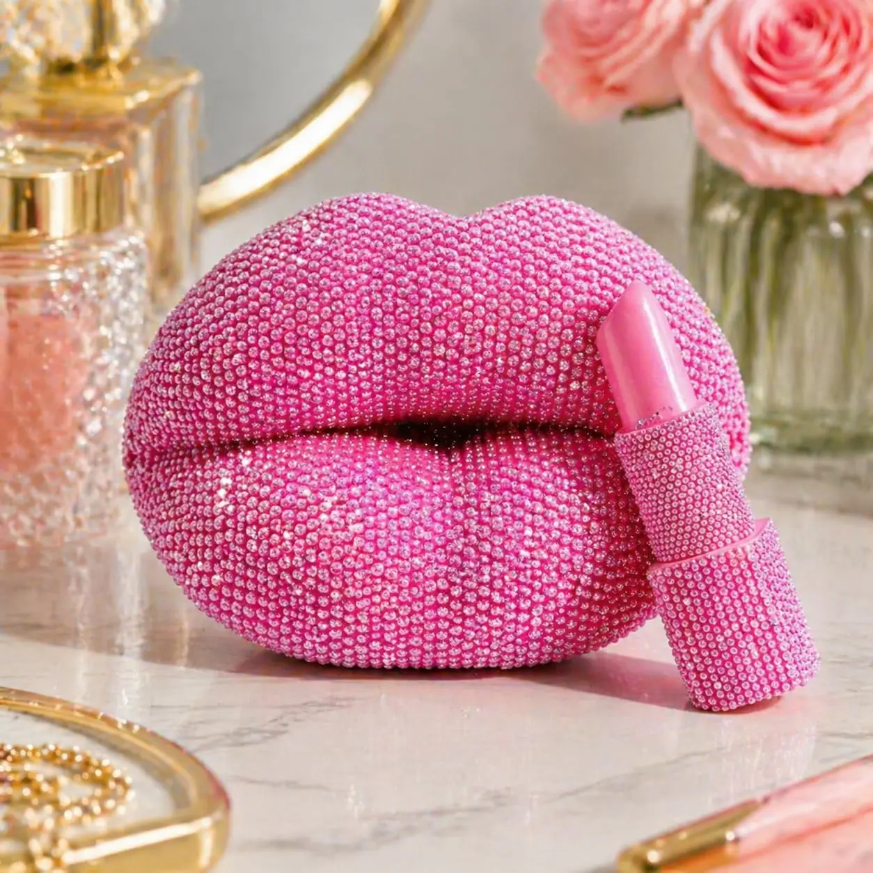Lipstick Lip Shaped Statue,Glitter Faceted Desktop Sculpture, Luxury Chic Resin Home Decor for Living Room Bedroom Vanity, Romantic Gift for Women, Wedding Anniversary, Valentine’s Day, Birthday