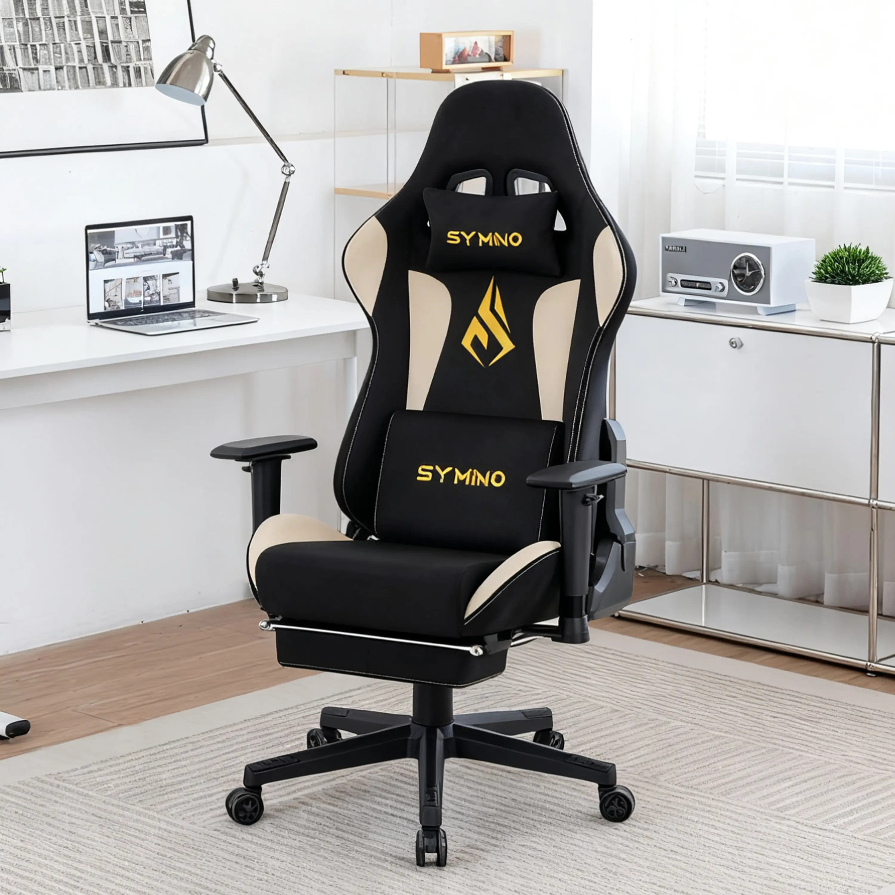 SYMINO Ergonomic Gaming Recliner Chair - Classic High-Back, Skin-Friendly PU Leather, Breathable, Rolling, Recline Swivel, Adjustable Armrest, Footrest, 150kg Weight Capacity, PC Computer Chair