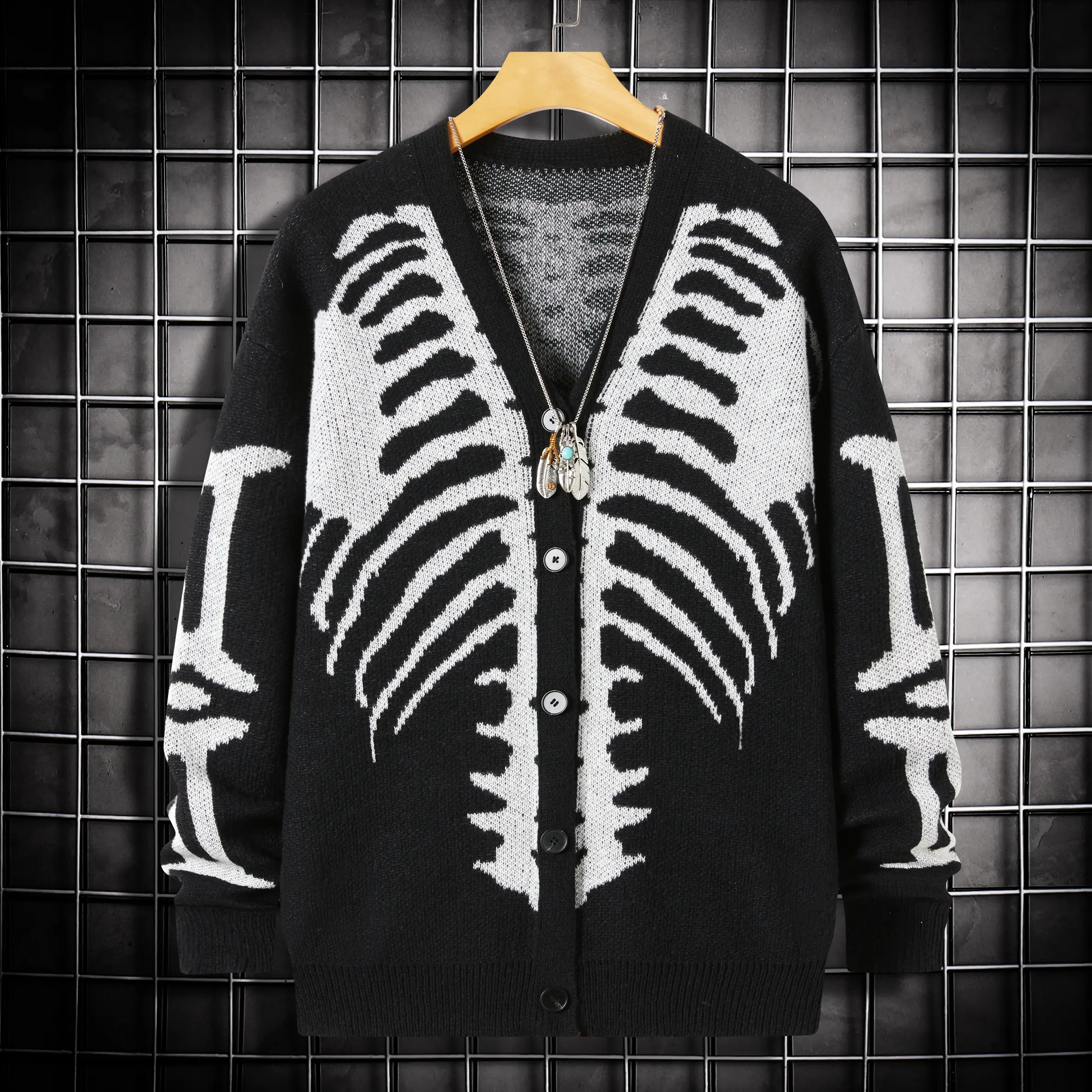 Skeleton Print Cardigan for Women, Casual V-Neck Drop-Shoulder Knitting Sweater with Long Sleeves, Button Down Halloween Clothes for Autumn