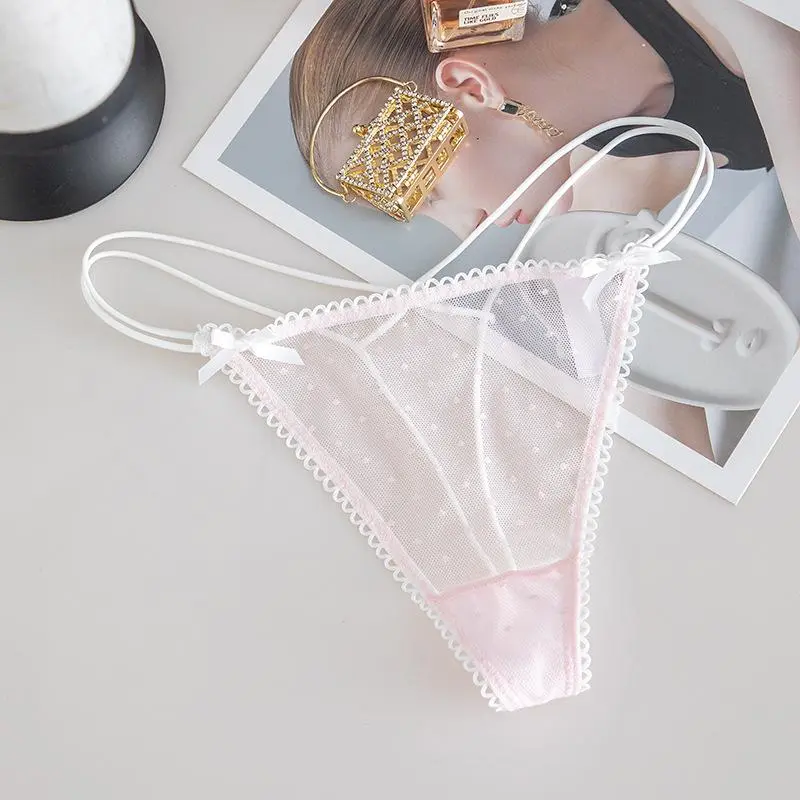 Women's Large-Size Low-Waist Embroidered Lace Panties - Sheer Polka Dot & Floral Design, Bow Accents, Matching Adjustable Straps, Feminine 1-Piece Comfortable Daily Wear, Fabric, Everyday, Elegant, Breathable, Semi-Sheer Lace Adds Airy Elegance, Romantic,