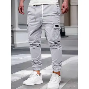 Manfinity Men's Jogging Pants with Adjustable Drawstring Waist and Cargo Pockets, Grey, Autumn