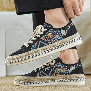 Men'S Bohemian Geometric Print Sneakers - Breathable Fabric Upper, Durable PVC Sole, Lace-Up Round Toe Design for All-Season Outdoor & Casual Wear, Hiking Shoes, Everyday Comfort Footwear, Traditional Ethnic Style, Non Slip Footwear Black