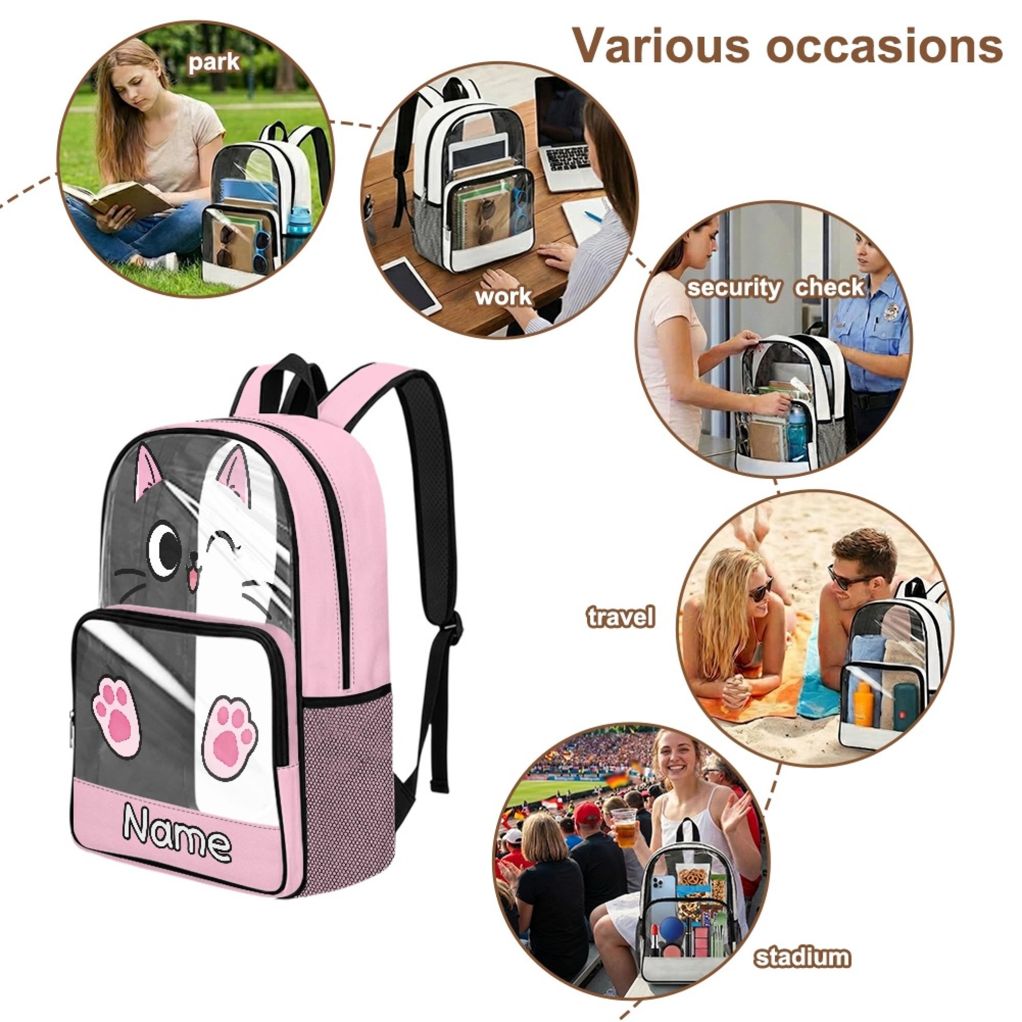 Personalised Cute Cat Backpack Custom Name Pink School Bag for Girls Transparent PVC Rucksack Winking Kitten Print Kids Clear Bookbag Large Capacity Waterproof PE Kit Bag Back to School Gift for Daughter Nursery Essentials Lightweight Daypack