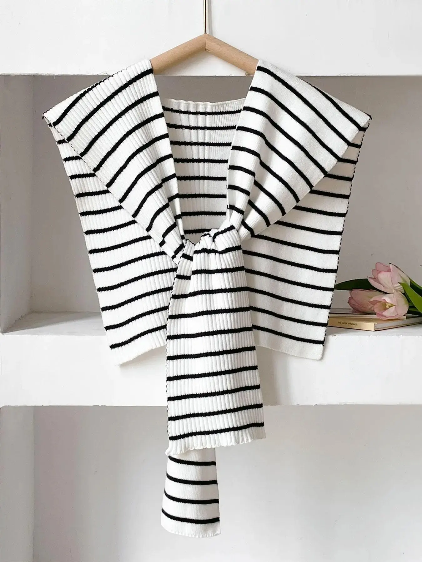 Clothes Accessory Polyester Striped Knotted Shawl Wrap - 2 Colors, 101*38cm, Ribbed Stripe Mock Collar Shoulder Cape, Pre-tied 1 Size Poncho for Spring Autumn Daily Outfit Layering