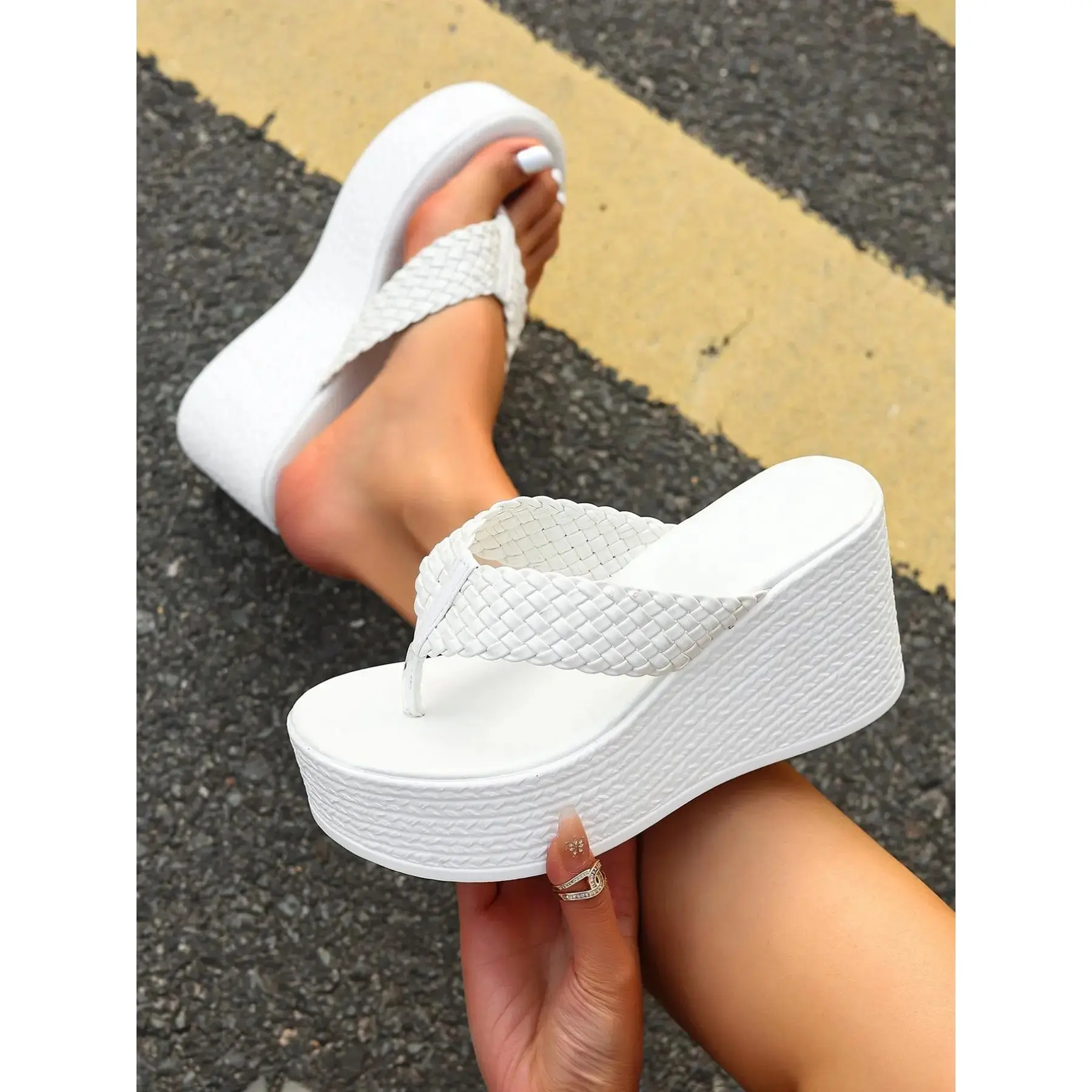 2026 European and Fashion White Braided Strap Flatform Wedge Thong Sandals Women – Platform Heel, Non-EVA Comfy Sole, Open Toe Slides Beach, Vacation, Daily Wear, Woven Wedge Sandals, Braided Design Sandals