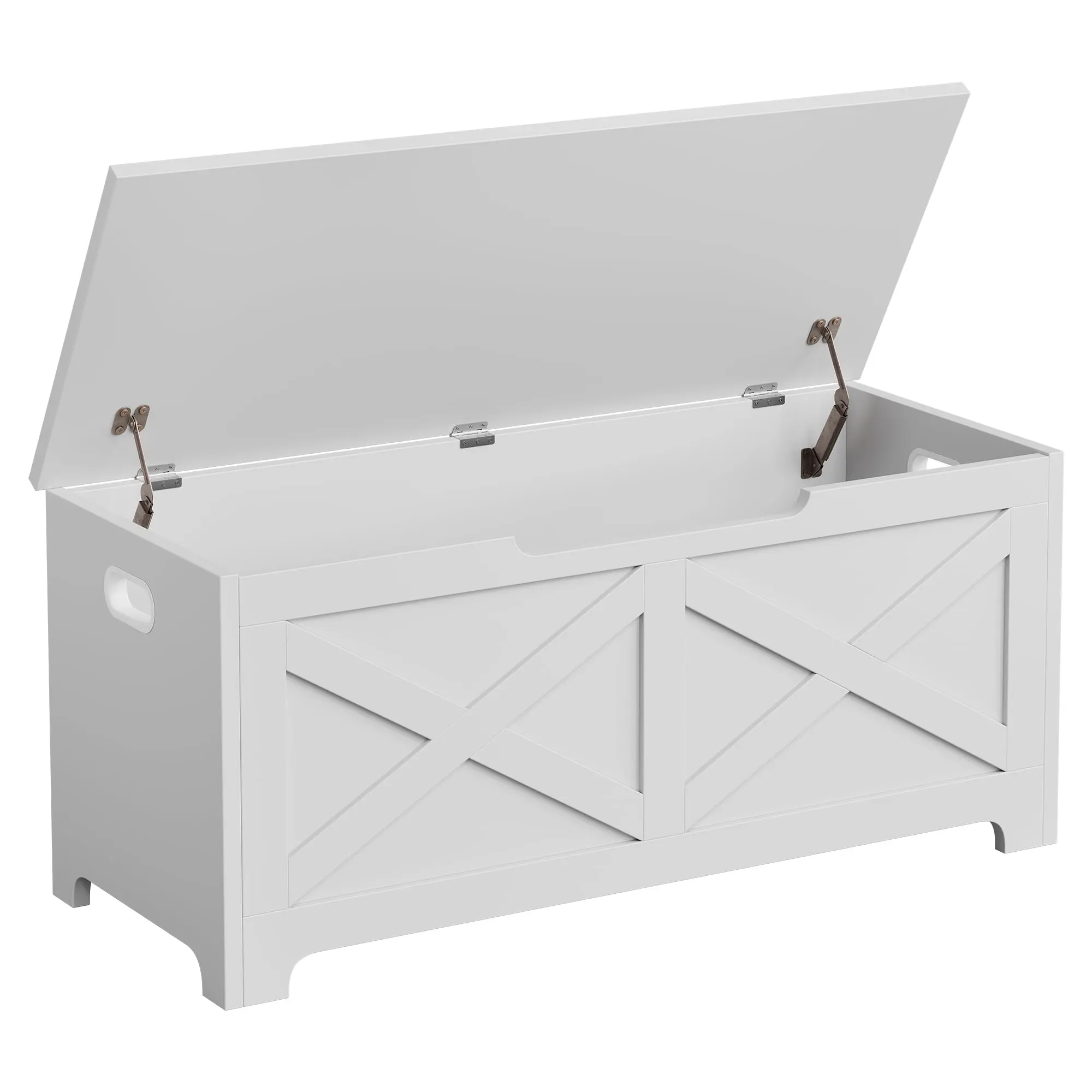 Spacious Wooden Storage Chest Bench with Safety Hinges for Safe Use, Classic Farmhouse Style for Entryway, Bedroom, Living Room & Playroom, Multi-Purpose Organizer, Simple Assembly, Frosted White