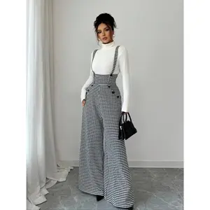 Chic Women's Knit Cardigan, Knitted Plaid Print Houndstooth Wide Leg Pants, Front Pocket Button Design, Fashionable Elegant Daily Commuter Overalls, Fall Winter, Effortless Style, Flexible Fit, Chic, Warm, Autumn
