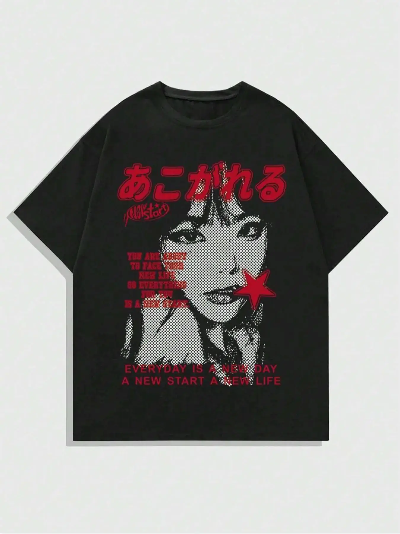 Y2K Japanese Streetwear Graphic Tee - Retro Anime Girl Print T-Shirt - Harajuku Style Red Text Crew Neck Top for Men and Women
